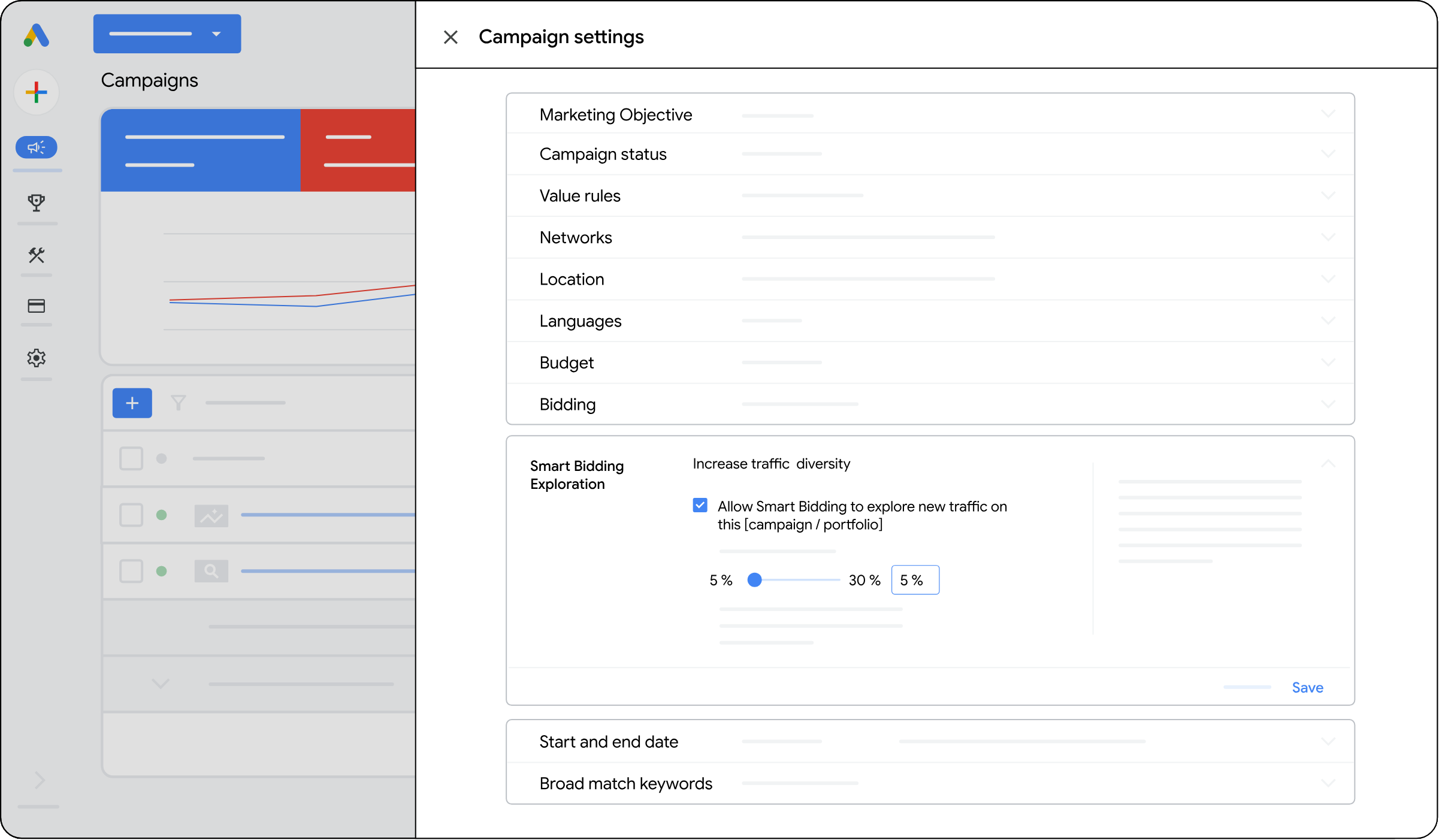 قسم Smart Bidding Exploration في إعدادات الحملة داخل Google Ads، مع شريط نسبة التسامح بين 5% و30%